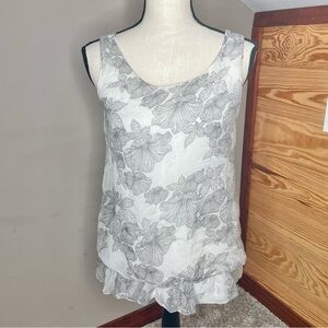 Giusy 100% Pure Silk Layered Floral Sleeveless Tank Top Blouse Small White Grey